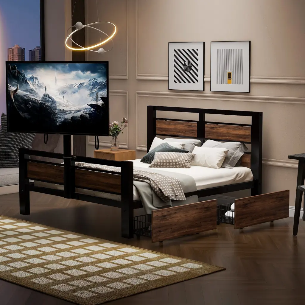 Twin Metal Platform Bed MDF Headboard And Footboard Two Storage Drawers wm store