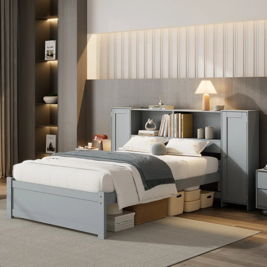 Twin Size Platform Bed Storage Headboard and Lockers Gray wm store