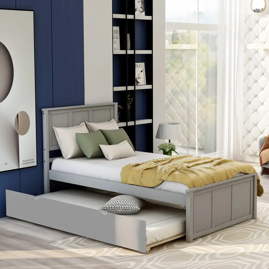 Twin Size Platform Bed Trundle Gray Pine Wood Frame wm store