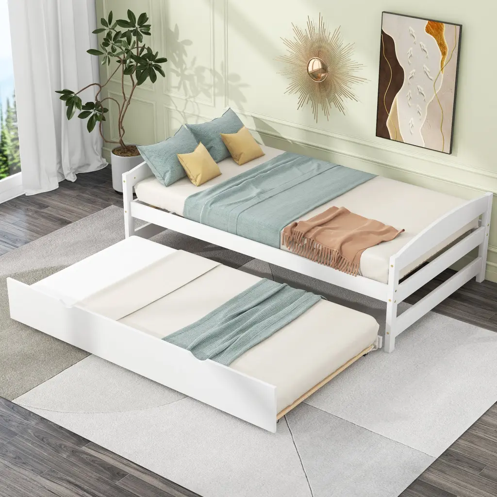 Twin Size Platform Bed Trundle White Finish No Box Spring Needed wm store