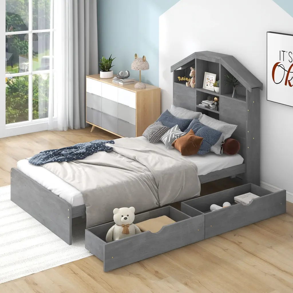 Twin Size Wood Platform Bed House-Inspired Storage Headboard wm store