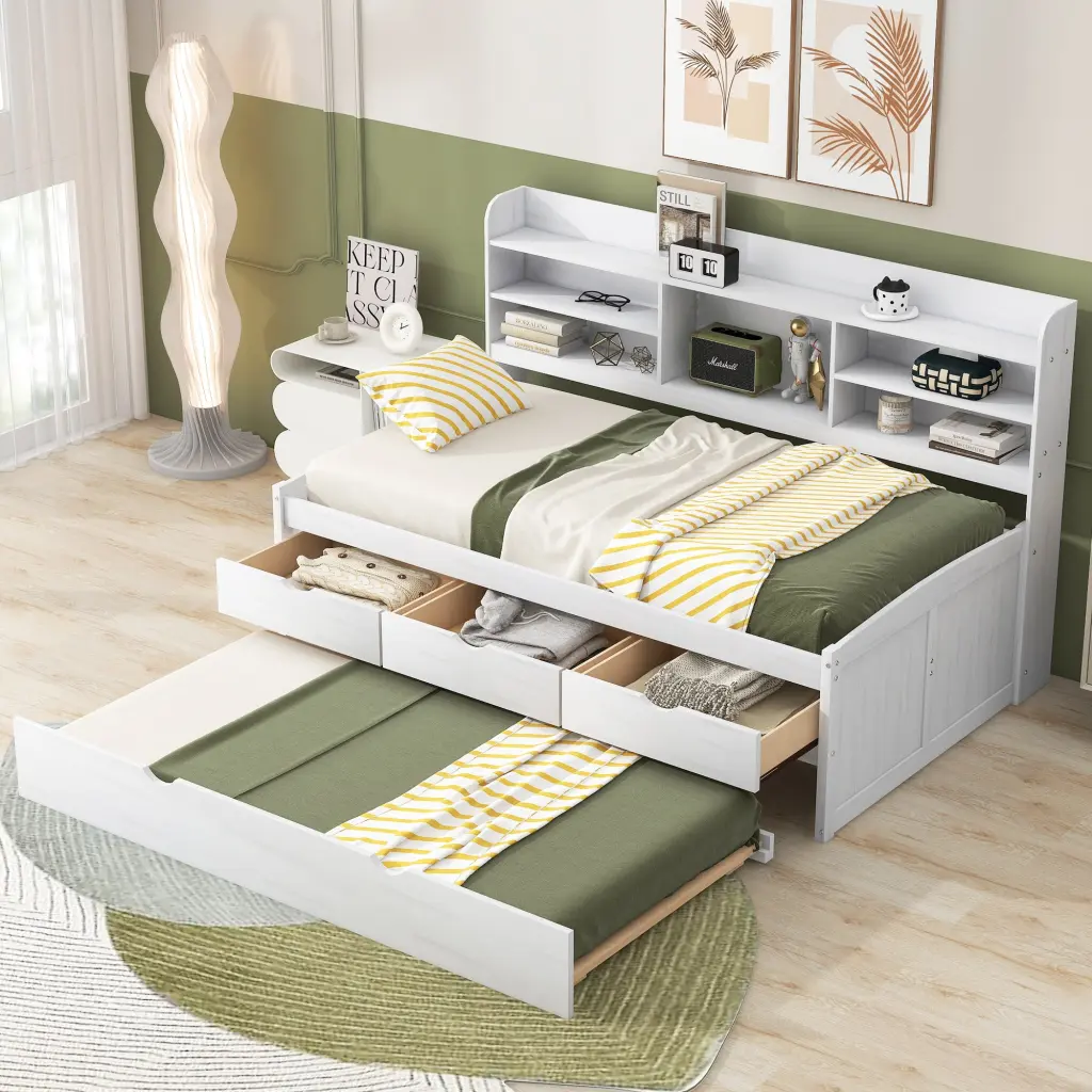 Twin Size Wooden Captain Bed Built- Bookshelves and Storage Drawers wm store