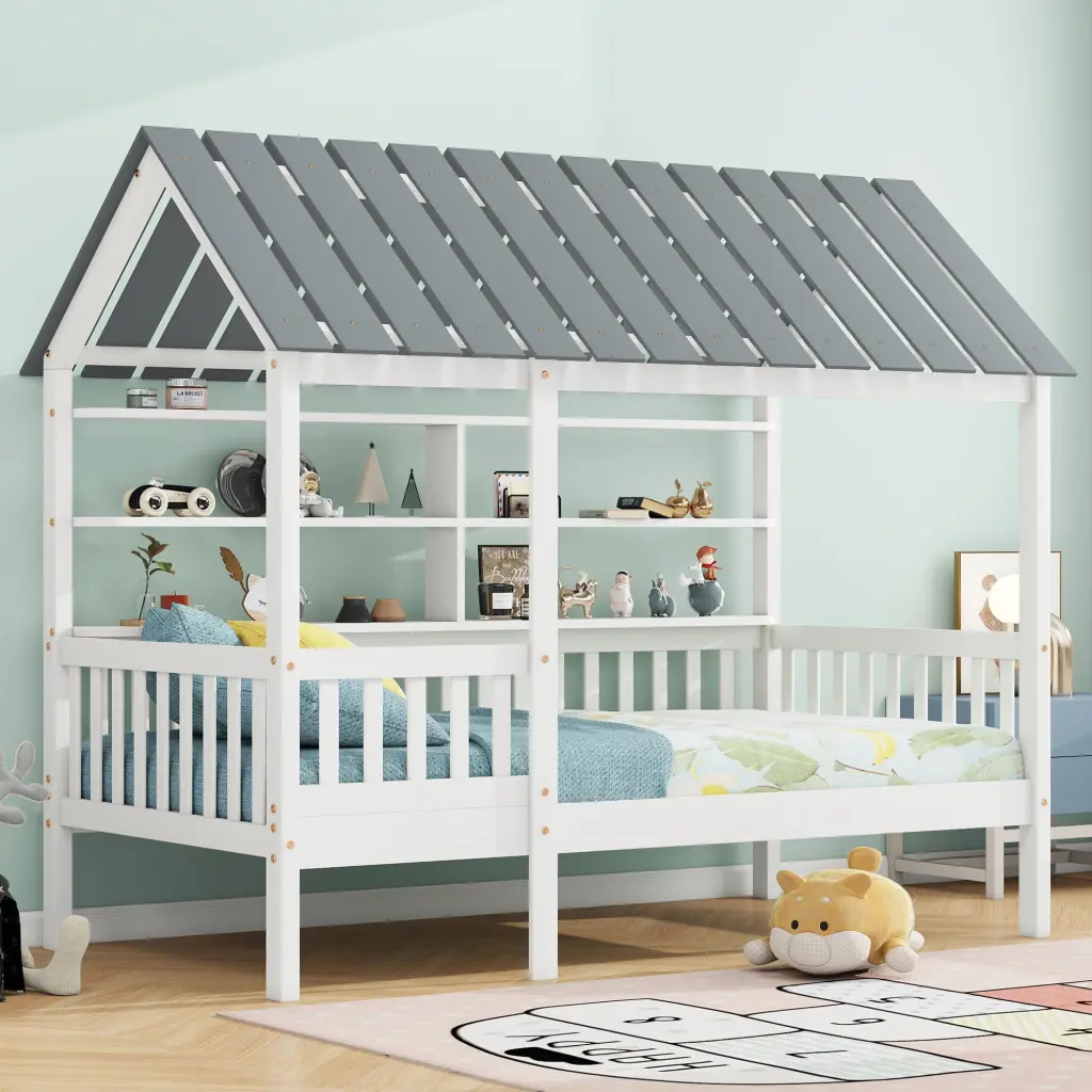 White Wood Twin Houtilize Bed Roof Guardrail and Shelves wm store