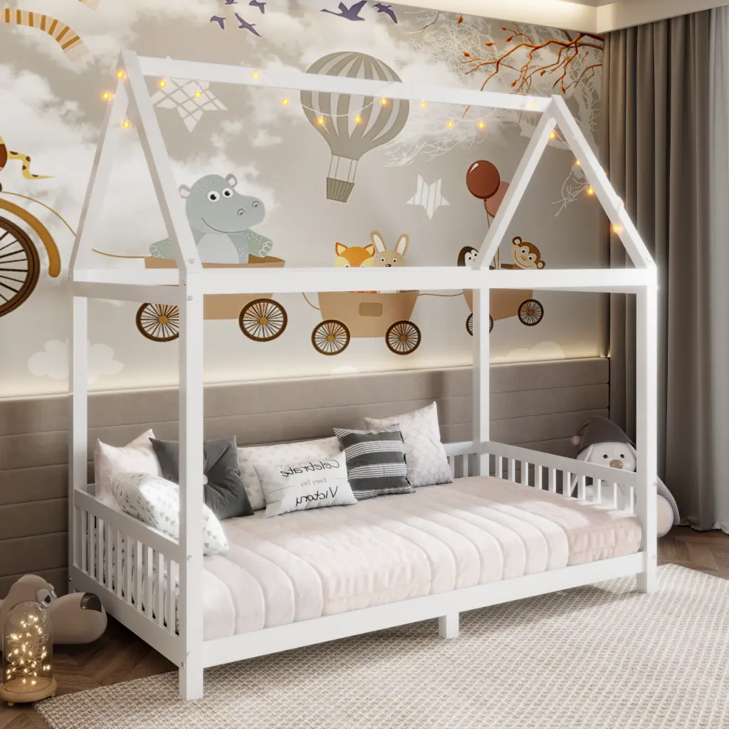 Wood Twin Size House Bed Guardrail And LED White Box Spring Not Included wm store