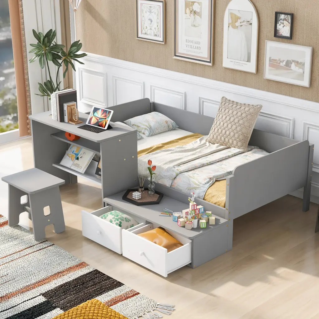 Wood Twin Size Platform Bed 2 Drawers and Chair Desk Set Gray wm store