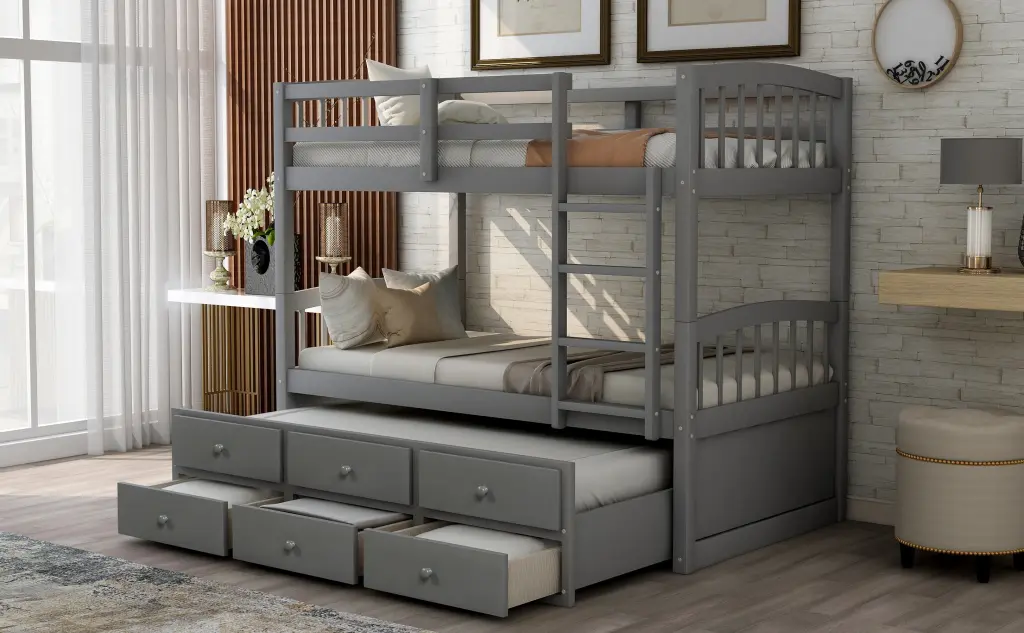 Twin Bunk Bed Ladder Safety Rail and Twin Trundle Bed 3 Drawers Space Saving Kids Bedroom Furniture lucky furniture
