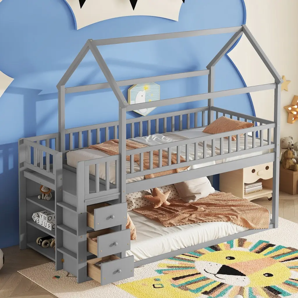 Twin Over Twin Bunk Bed Shelves and Drawers Grey Finish fangxing