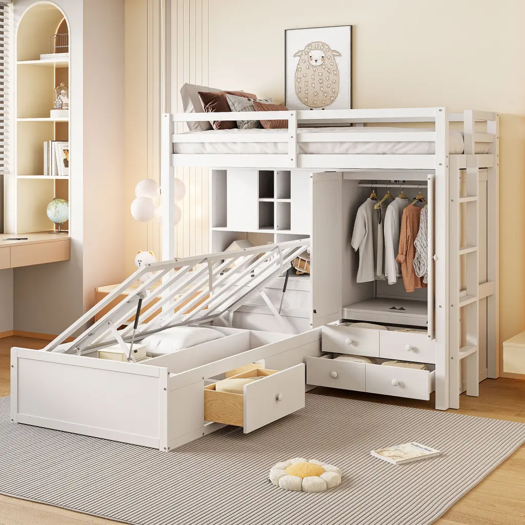 Twin Bunk Bed Drawers Wardrobe Storage Shelves And Hydraulic Lift Mechanism lucky furniture