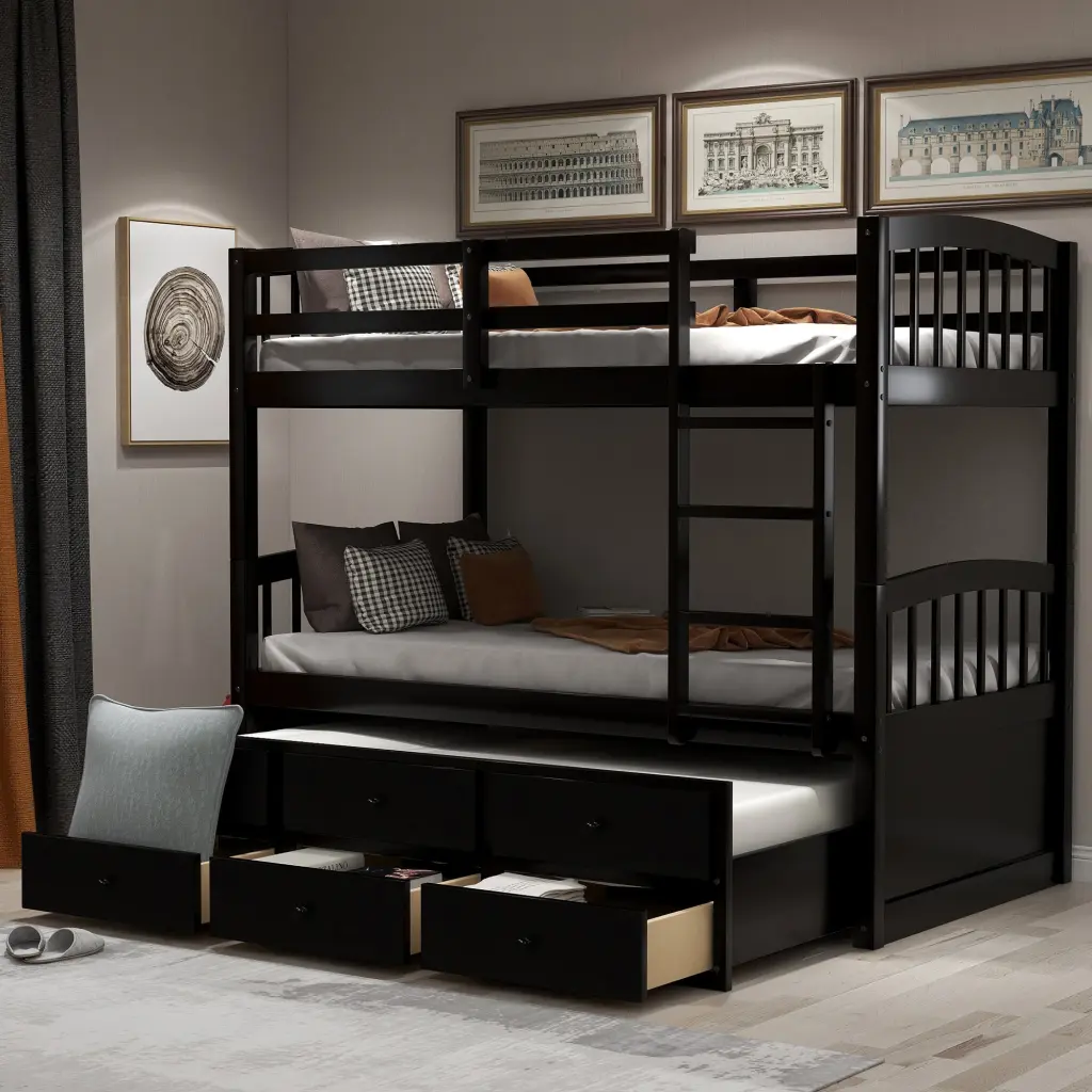 Twin Bunk Bed Ladder Safety Rail Twin Trundle Bed 3 Drawers Space Saving Kids Bed lucky furniture