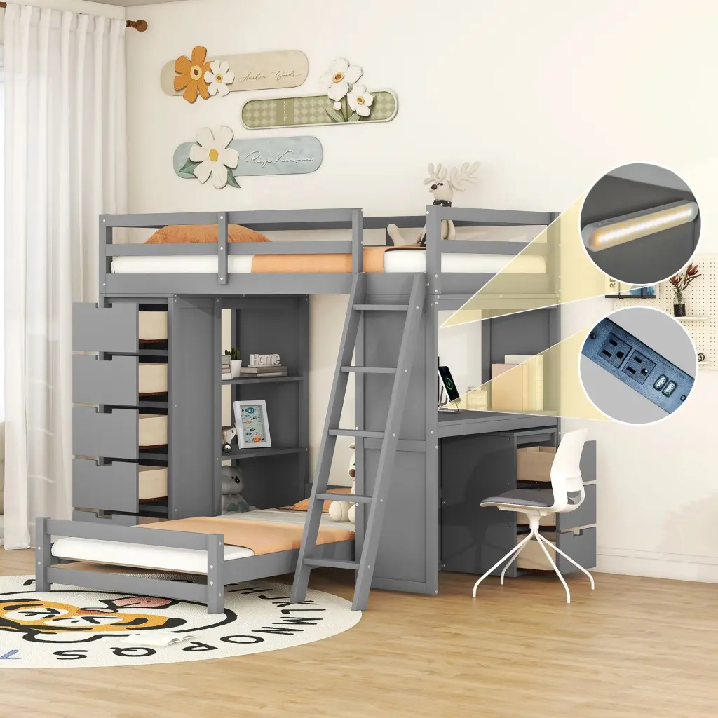 Twin Over Twin Bunk Bed LED Light And USB Ports Gray Modern Kids Bed lucky furniture