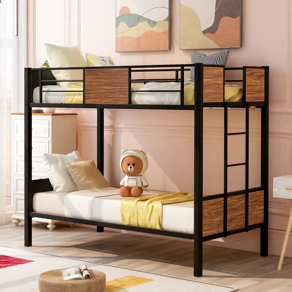 Twin Over Twin Bunk Bed Modern Steel Frame Safety Rail lucky furniture