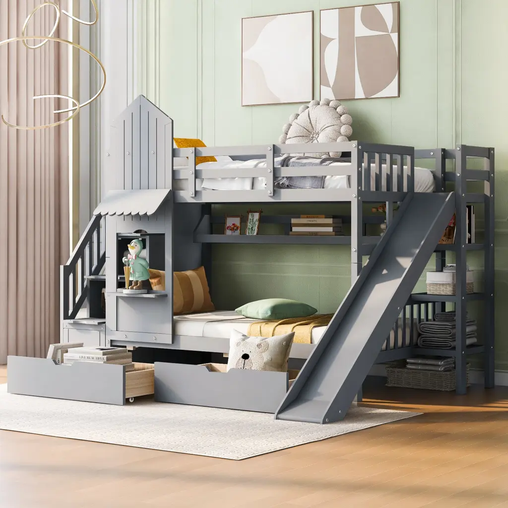 Twin Over Twin Castle Style Bunk Bed 2 Drawers 3 Shelves and Slide lucky furniture