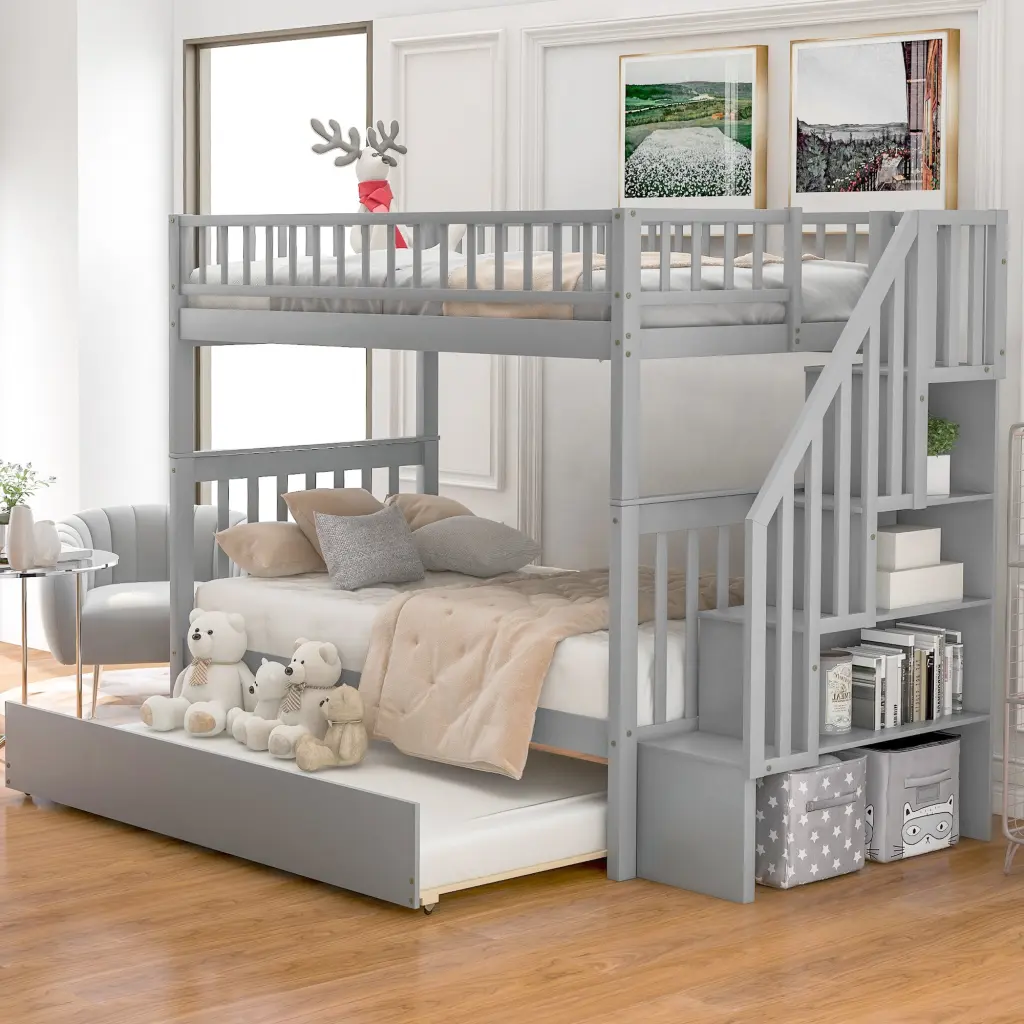 Twin Over Twin Bunk Bed Trundle and Storage Gray Pine wm store