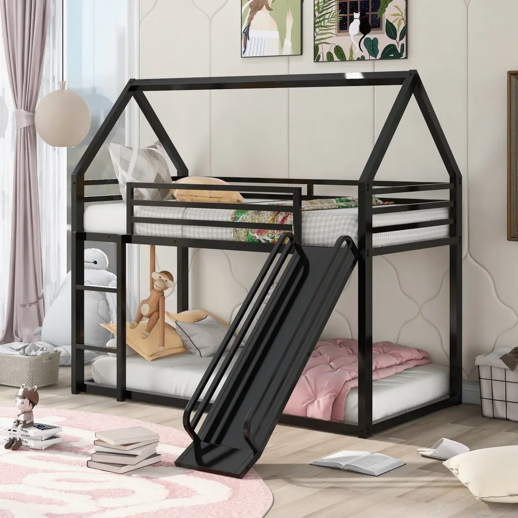 Twin Over Twin House Bunk Bed Ladder And Slide Black Metallic Finish wm store