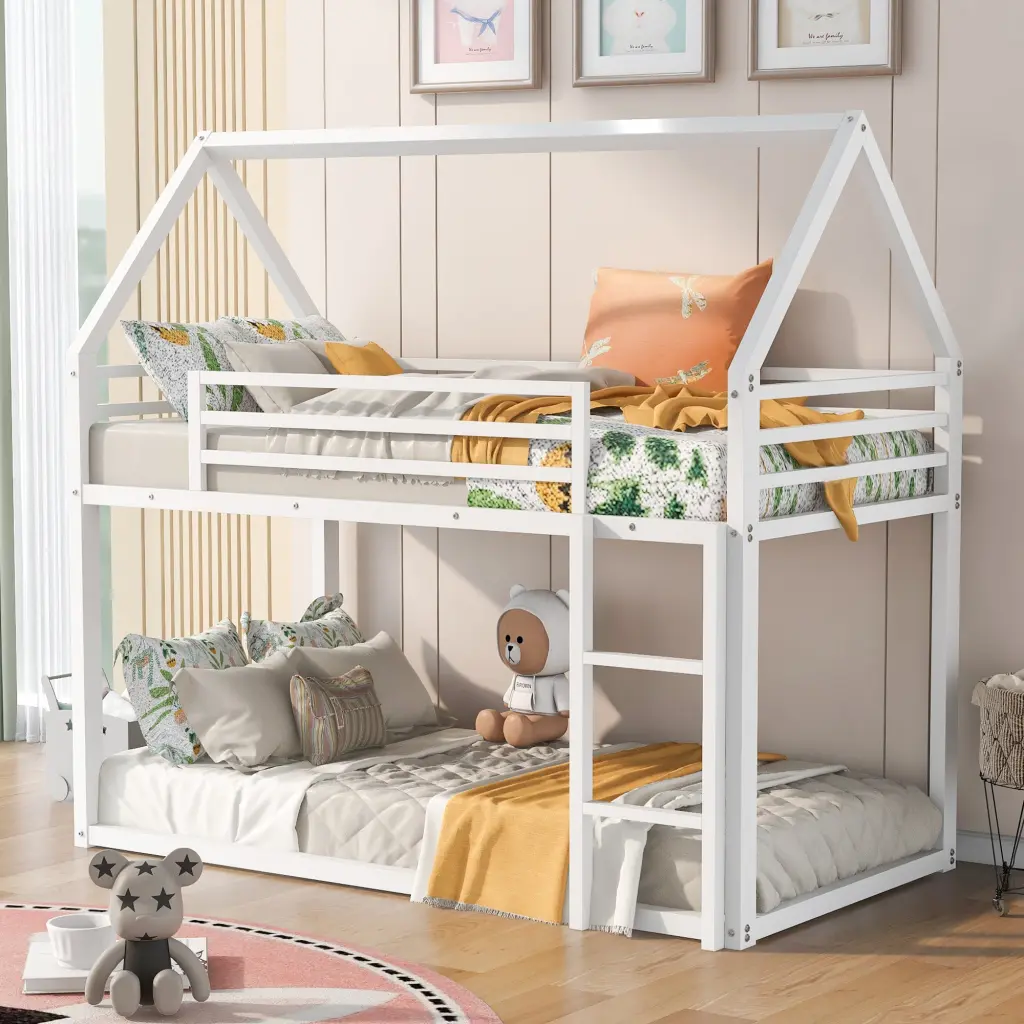 Twin Over Twin Houtilize Bunk Bed Built- Ladder White Metal Frame wm store