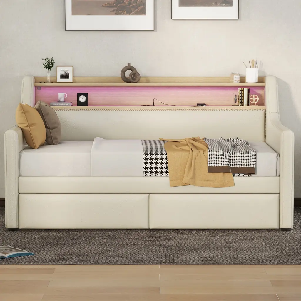 Twin Dimensions Upholstered Daybed Storage Drawers and Charging Station bonwell