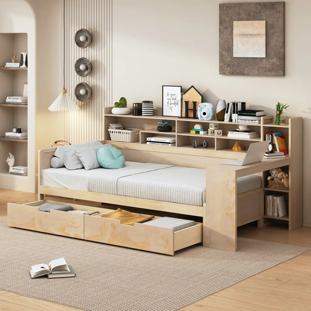 Wooden Twin Daybed Storage Shelves Multi Functional Bed homey life
