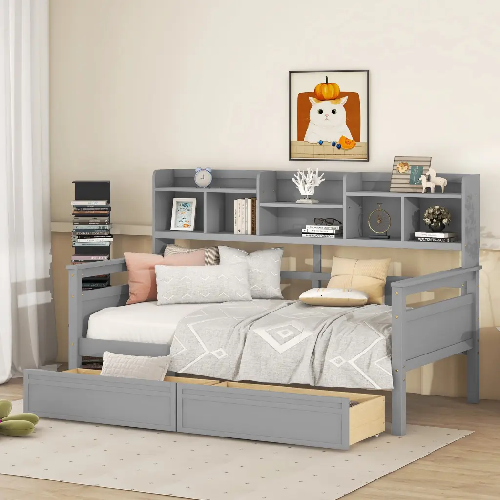 Twin Size Daybed Wood Slat Support Bedside Shelves and Two Drawers lucky furniture