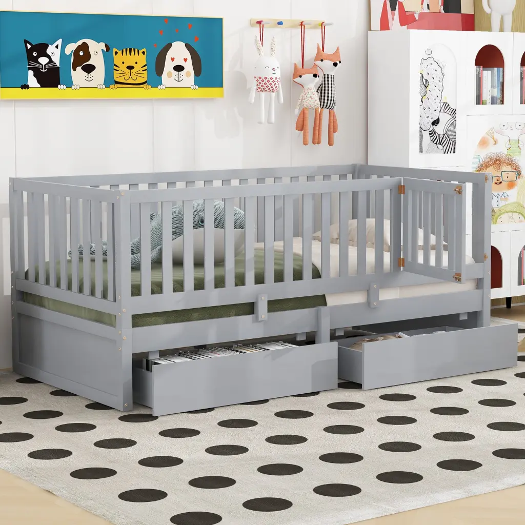 Twin Wood Daybed Fence Guardrails and 2 Drawers lucky furniture