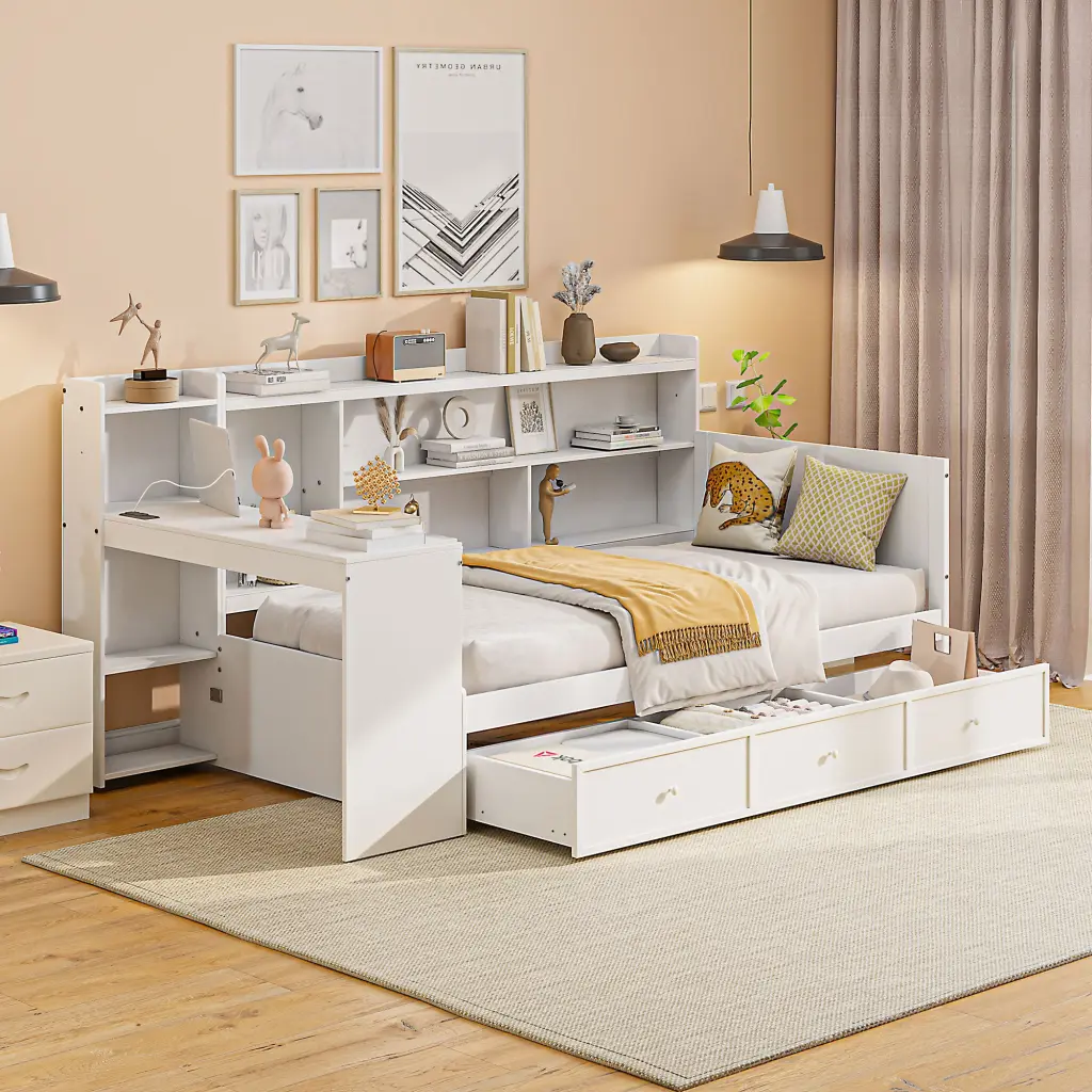 Twin Size Wooden Daybed 3 Drawers, USB Ports, and Desk lucky home
