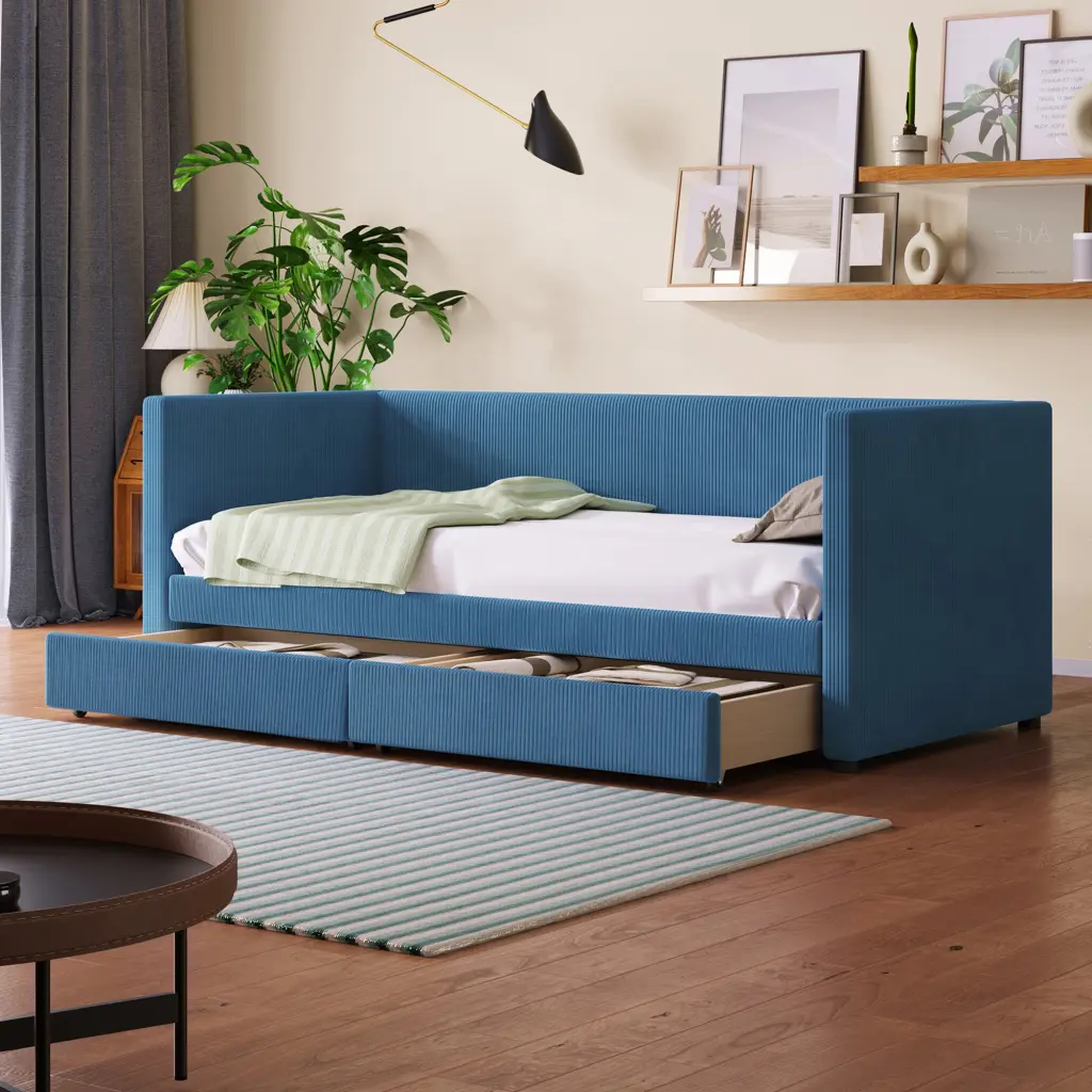 Twin Dimensions Corduroy Daybed Two Drawers and Wood Slat Blue lucky world