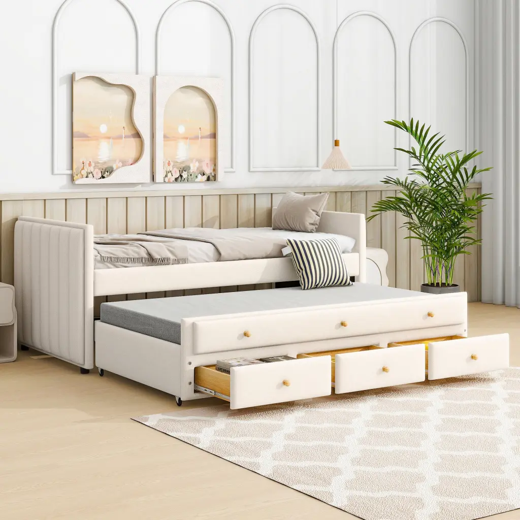 Twin Size Upholstered Daybed Trundle and Drawers Velvet Fabric lucky world