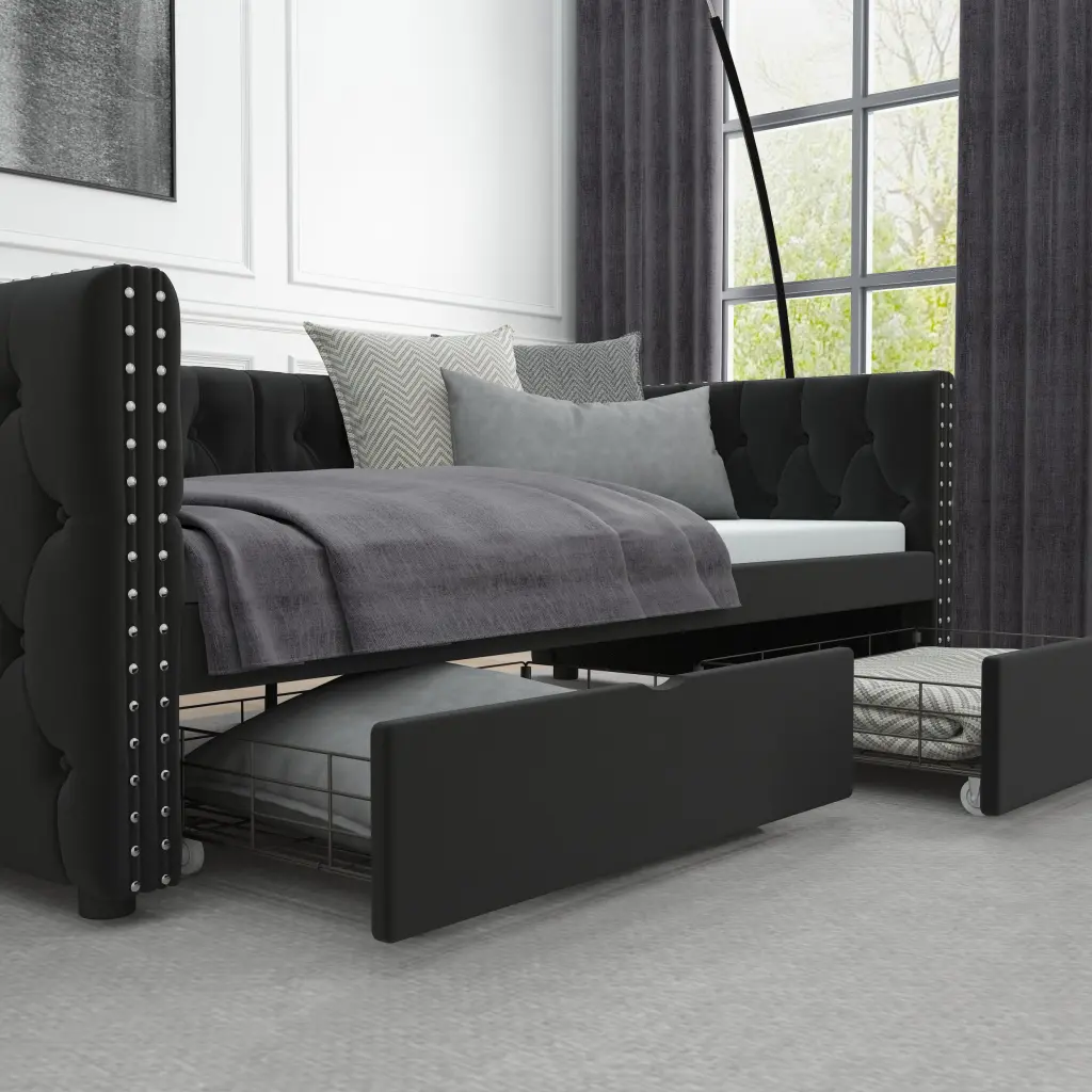 Twin Size Daybed Drawers Upholstered Tufted Sofa Bed Button Details welike furniture