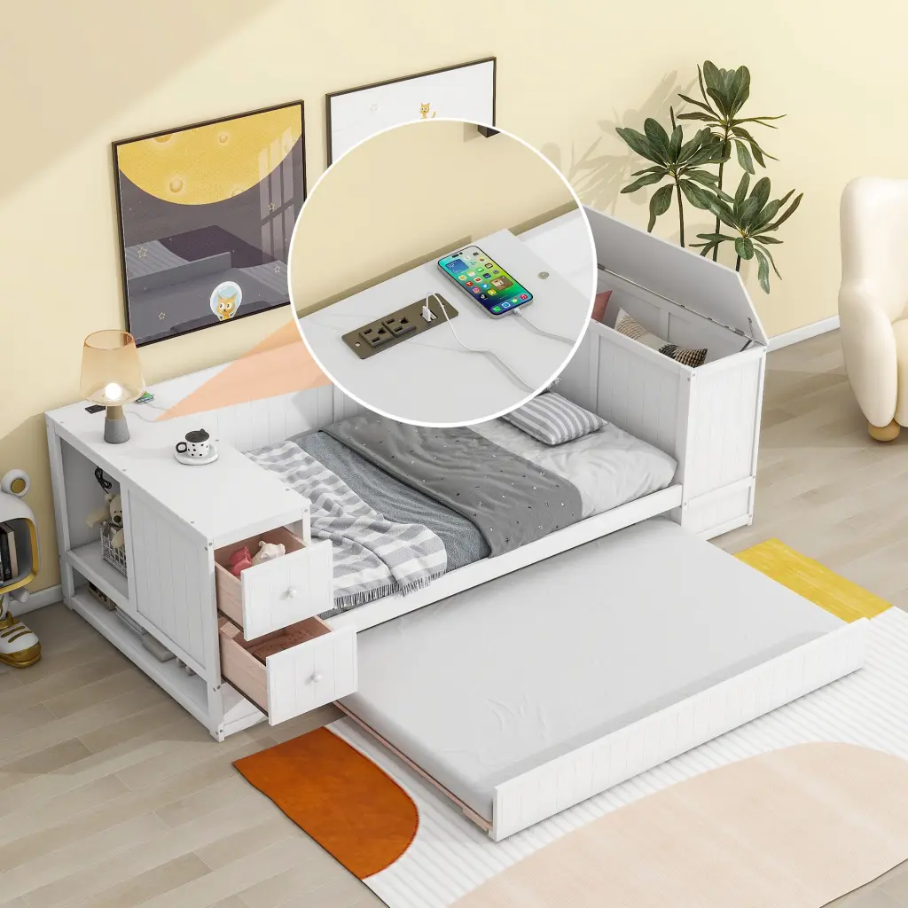 Twin Daybed Storage Arms Trundle and Charging Station White wm store