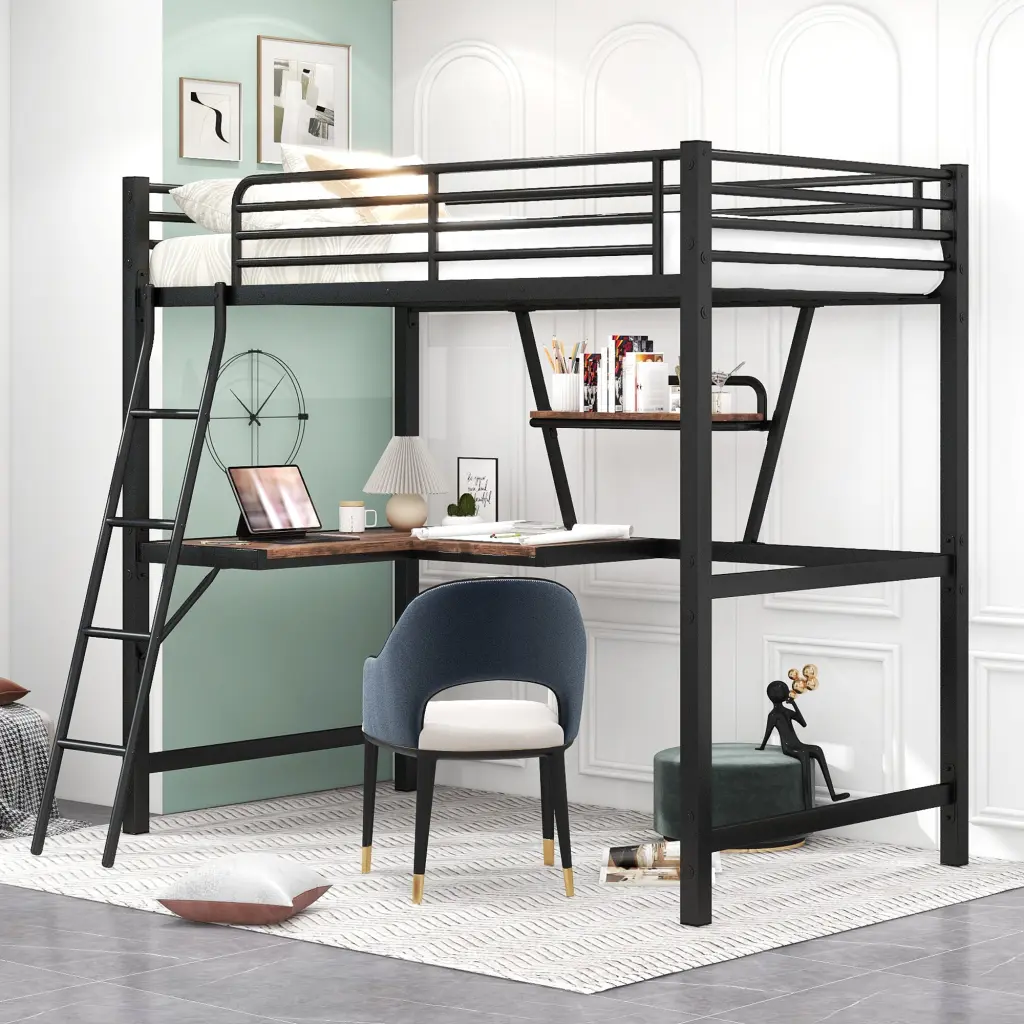 Twin Dimensions Loft Metallic and MDF Bed Desk and Shelf Black wm store