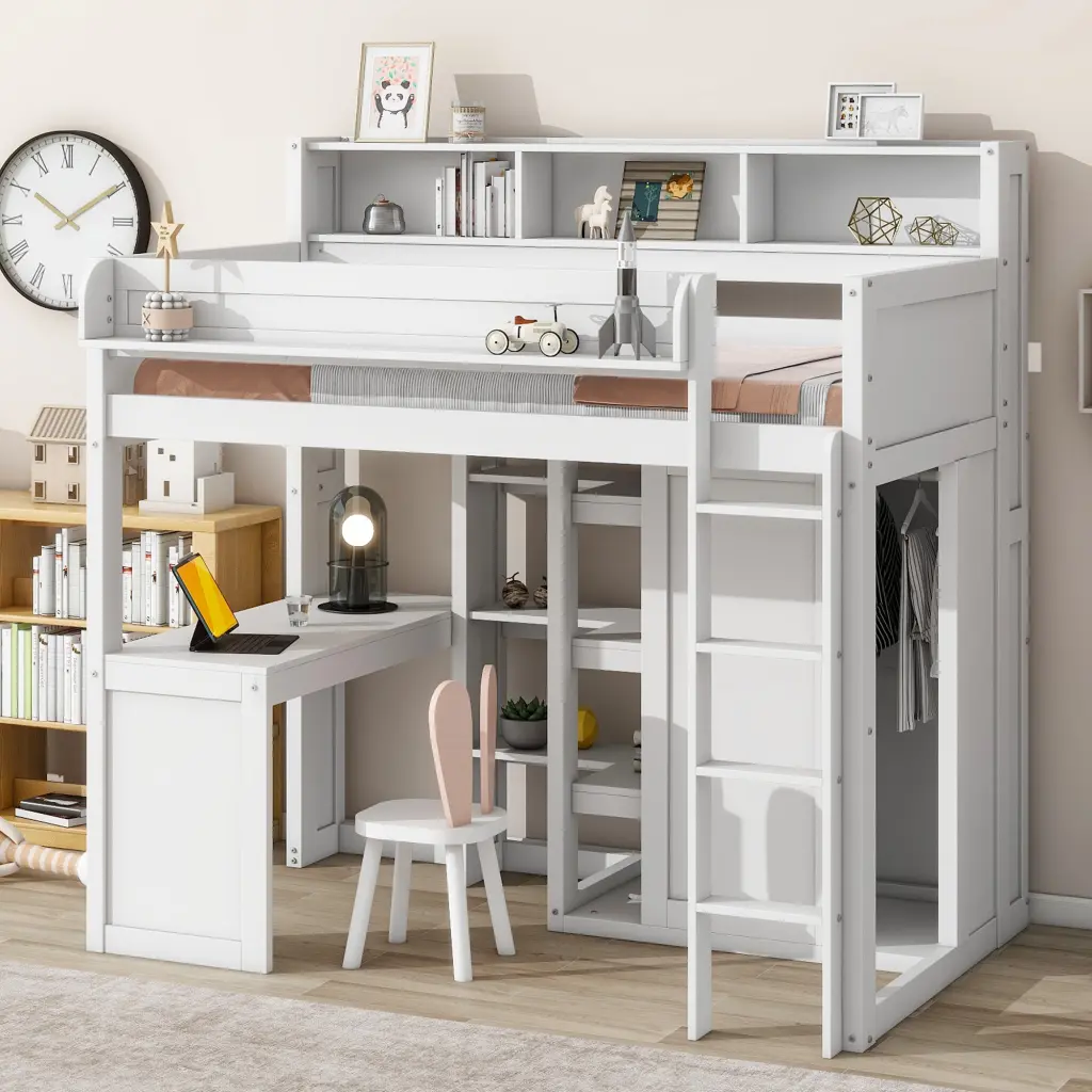 Timber Twin Dimensions Loft Bed Multiple Storage Shelves and Wardrobe White wm store