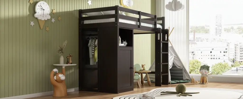 Twin Loft Bed Wardrobe Storage Shelves and Ladder Espresso Finish Space Saving Furniture artistry at home