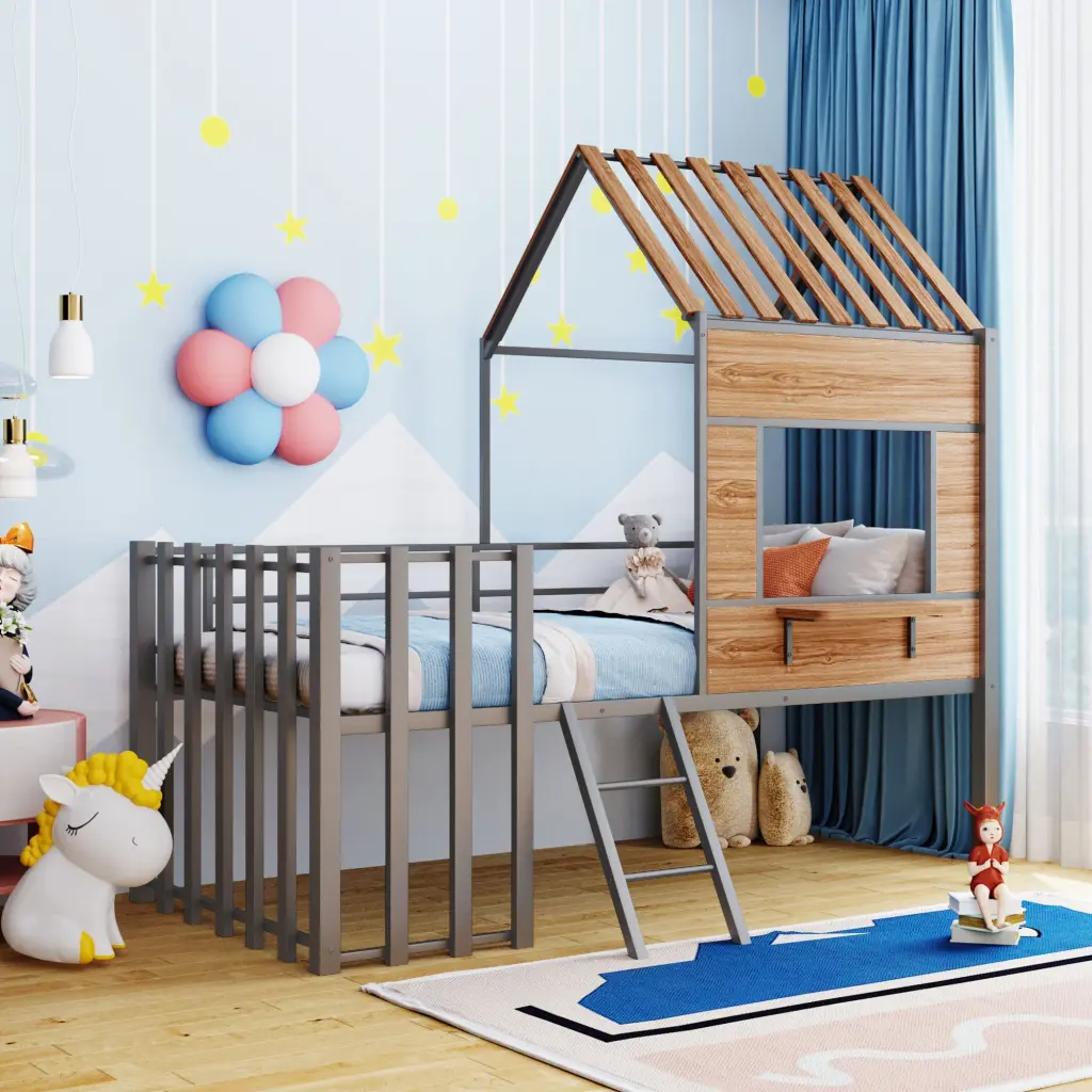 Metallic Twin Size Loft Bed Roof, Window, Guardrail and Ladder Shiny Metal lucky furniture
