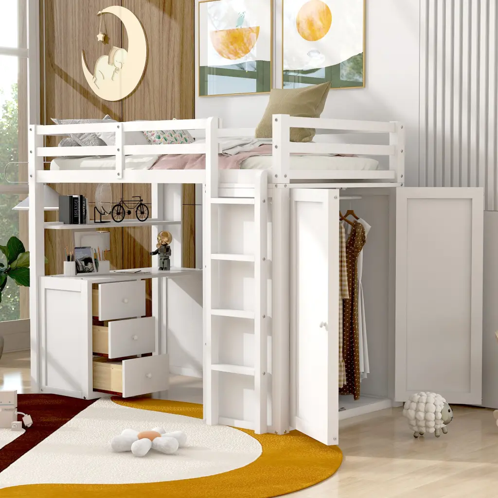 Twin Dimensions Loft Bed Drawers Desk And Wardrobe White Solid Wood lucky furniture