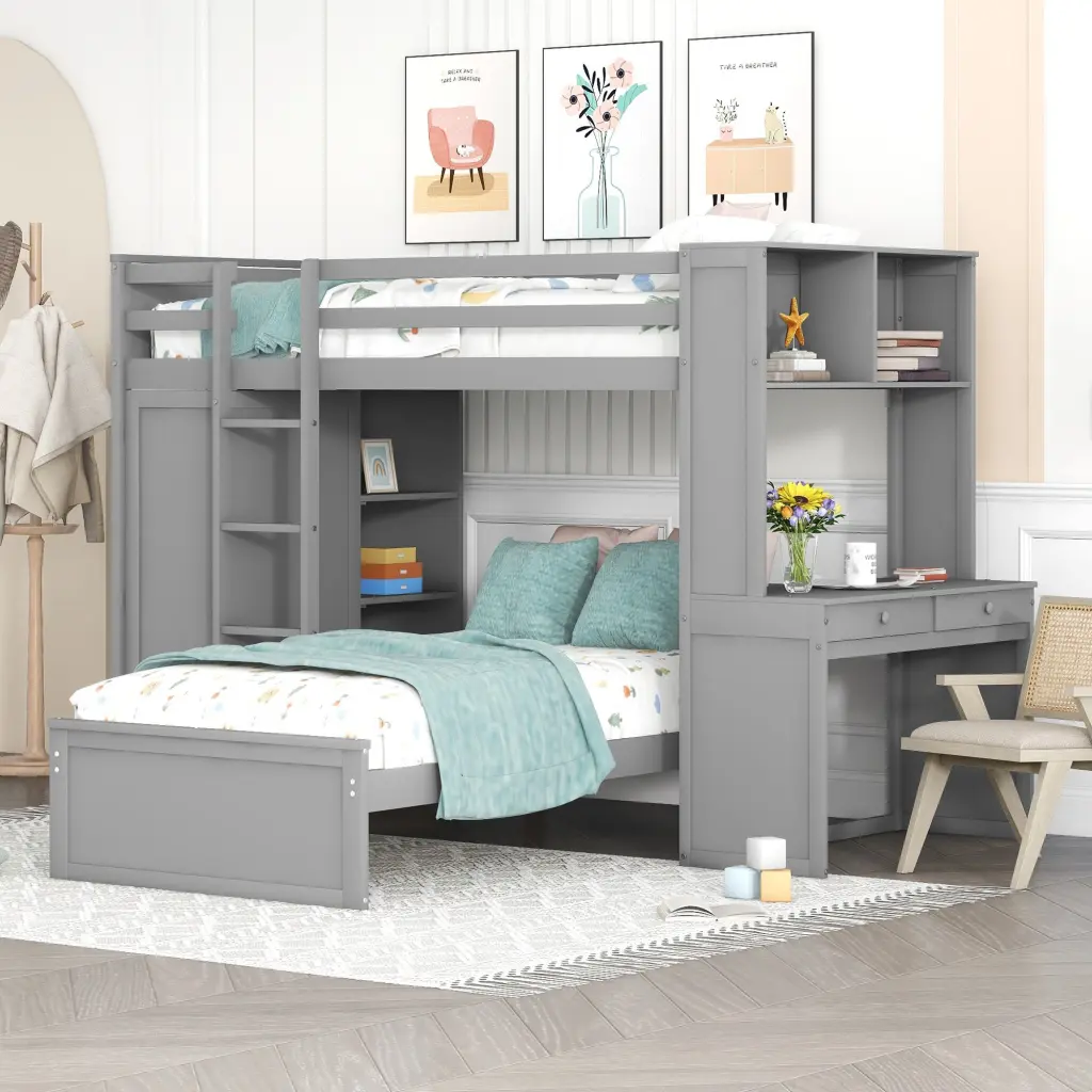 Twin Dimensions Loft Bed Stand Alone Bed Shelves Desk And Wardrobe Gray lucky furniture