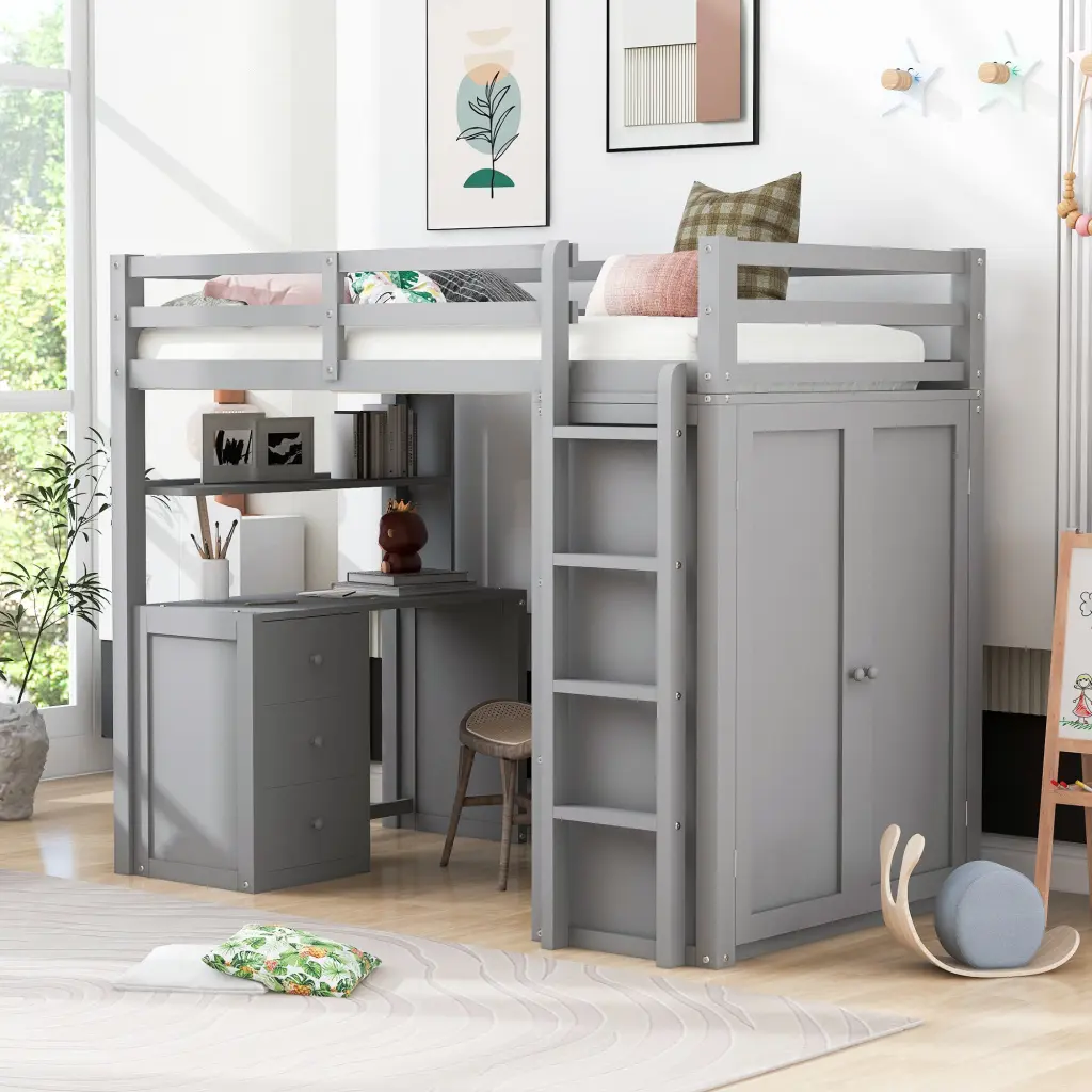Twin Loft Bed Drawers Desk and Wardrobe Gray Solid Wood lucky furniture