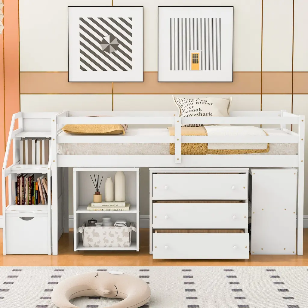 Twin Loft Bed Retractable Writing Desk and 3 Drawers, Wooden Space-Saving Furniture lucky furniture