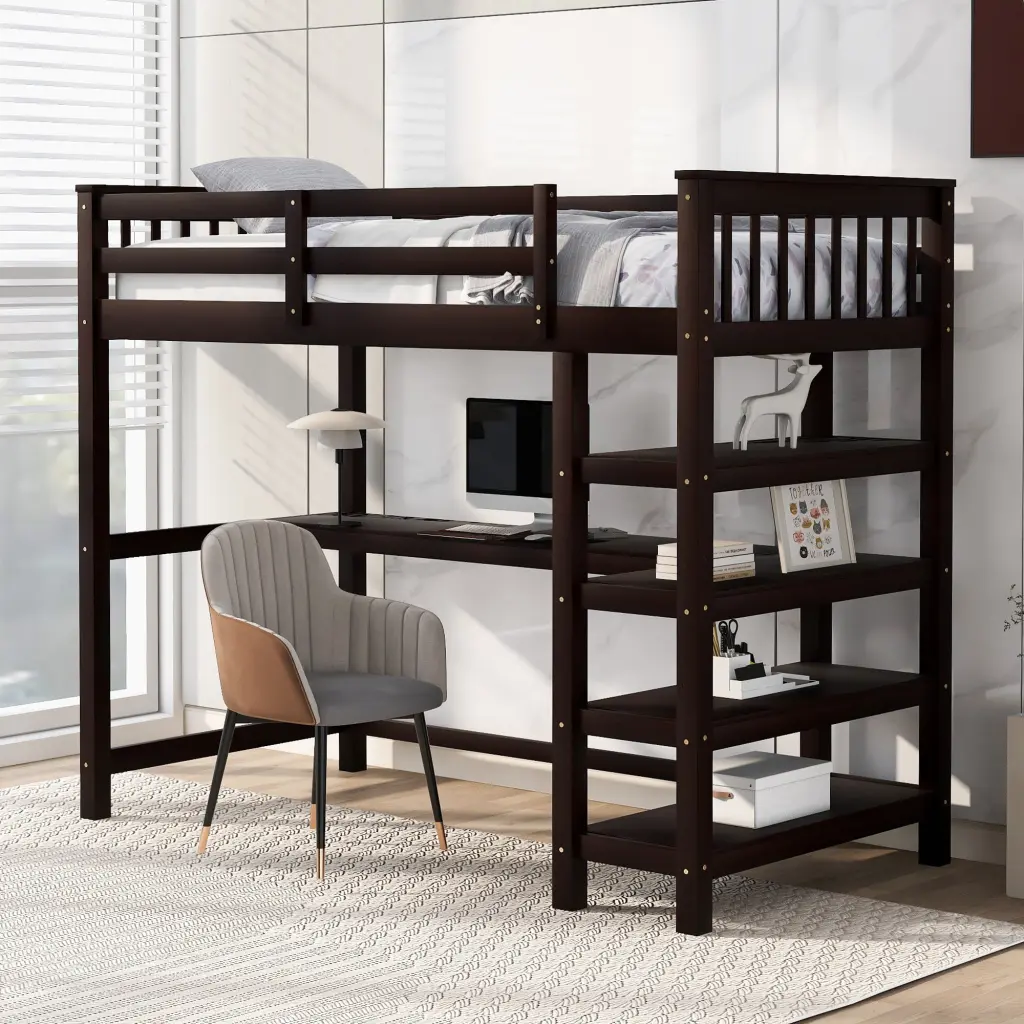 Twin Dimensions Loft Bed Storage Shelves And Under Bed Desk Espresso Finish wm store
