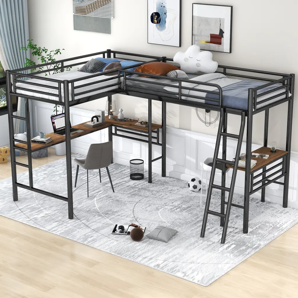 Twin Dimensions Metallic Loft Bed Two Built Desks Black wm store