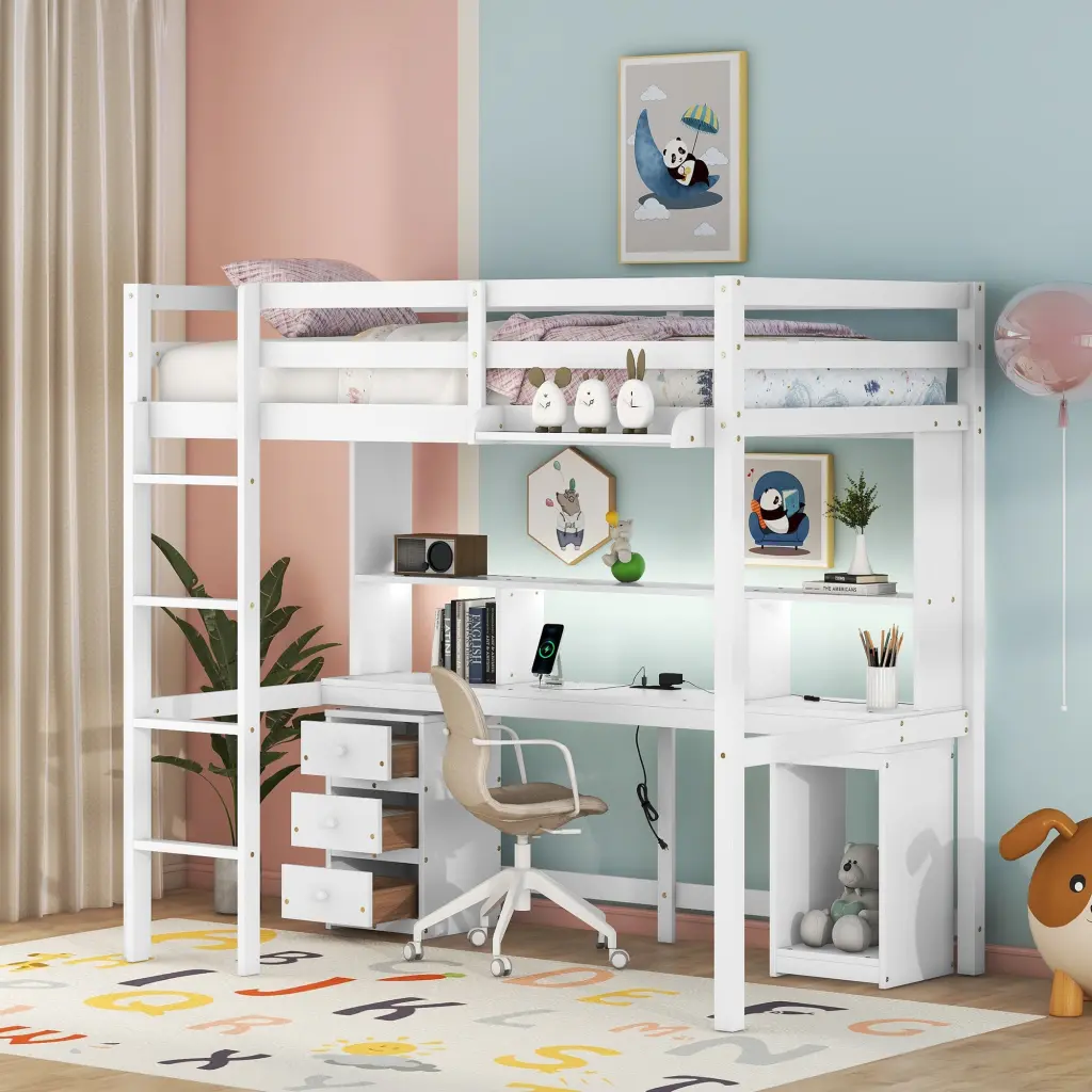 Twin Loft Bed Multi Storage Desk LED Light and Bedside Tray wm store