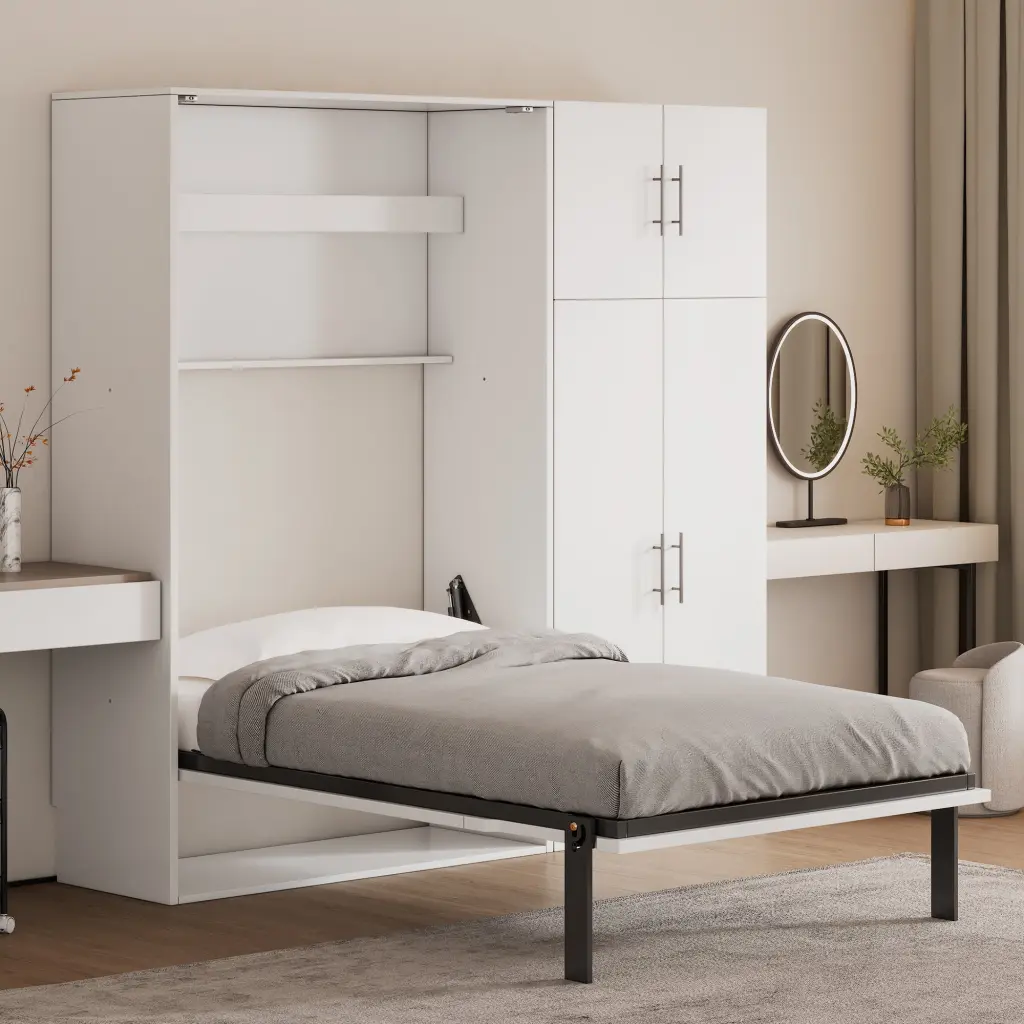 Twin Size Murphy Bed Lockers and Wardrobes, Space-Saving Wall Bed White Finish wm store