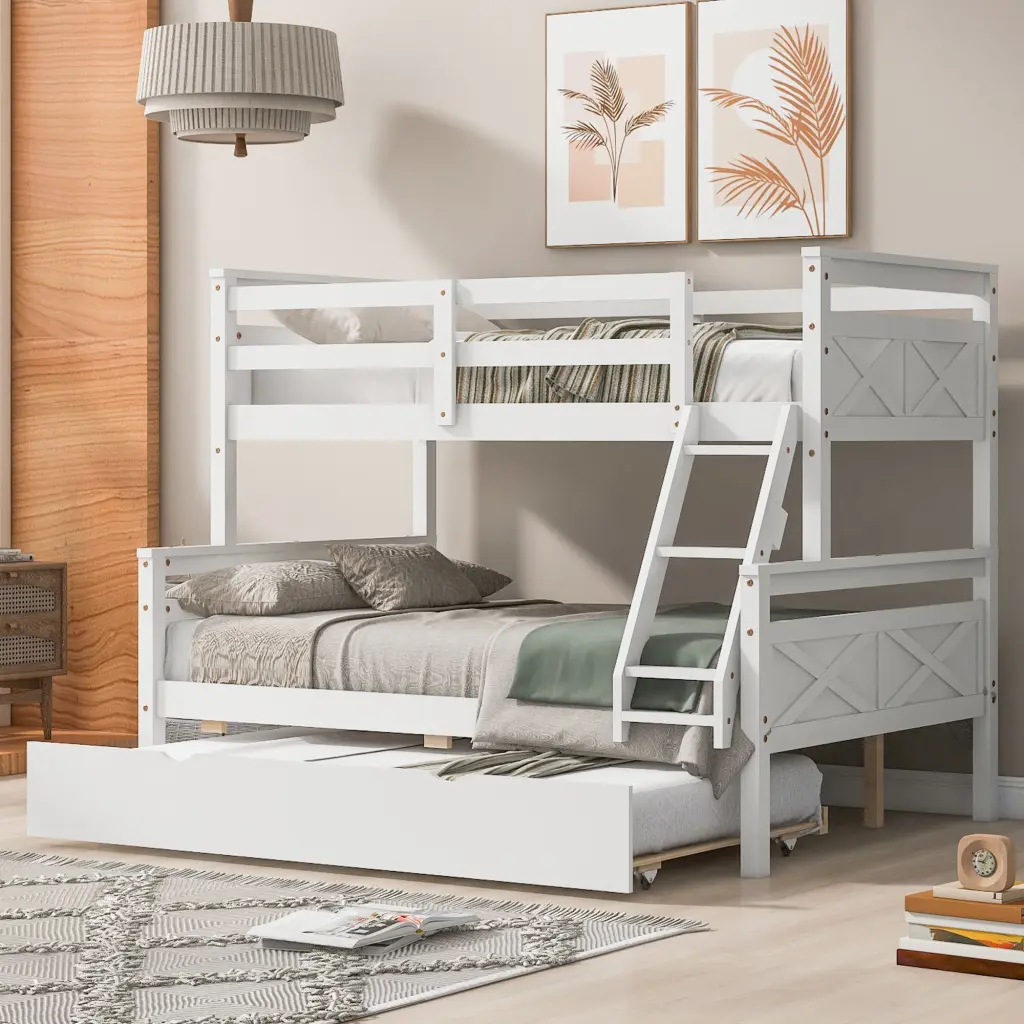 Twin Over Full Bunk Bed Ladder Trundle And Safety Guardrail wm store