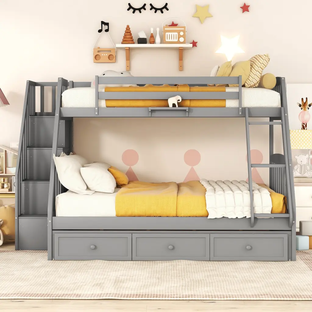 Twin Over Full Bunk Bed Drawers Ladder And Storage Staircase Gray lucky furniture