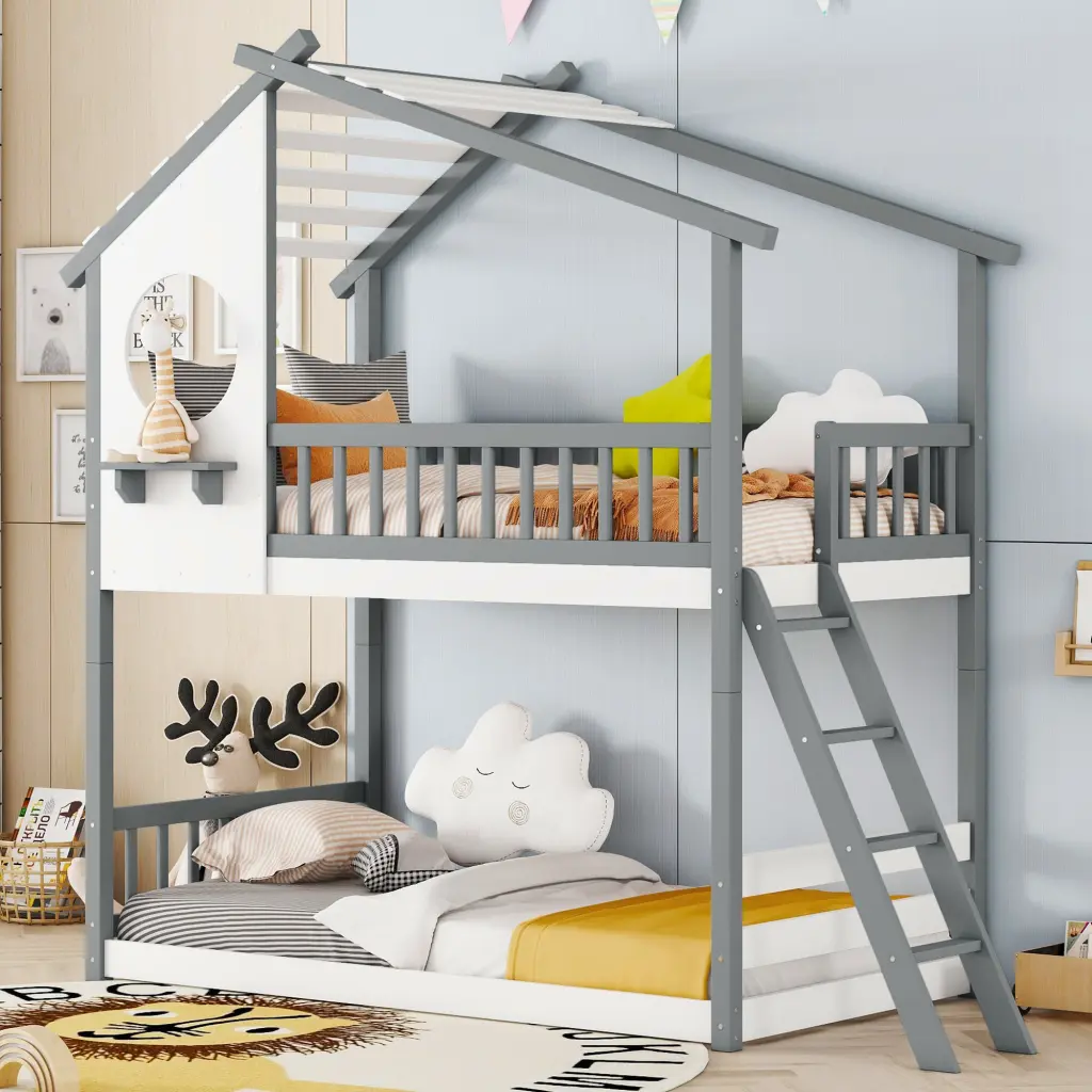 Twin Over Twin Bunk Bed Wood Bed Roof Window Ladder Gray Old Style lucky furniture