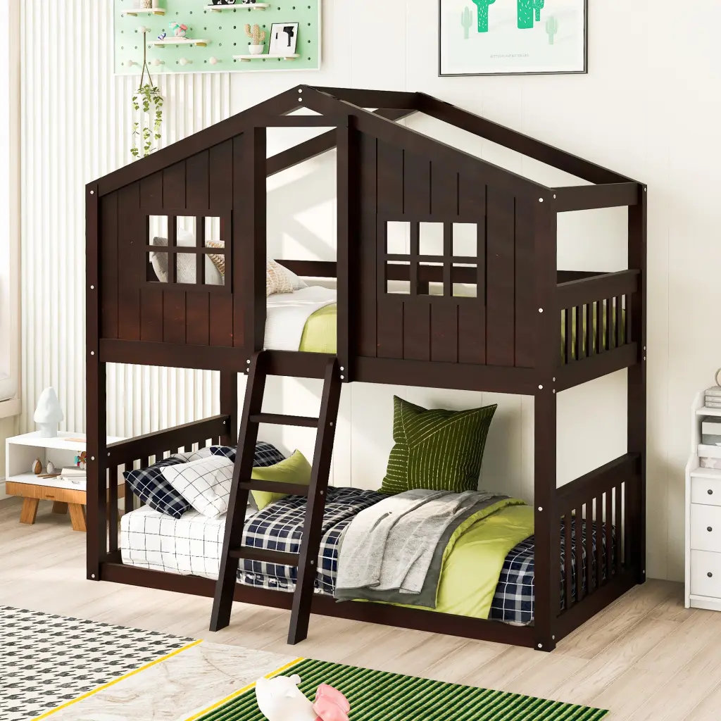 Twin Over Twin Houtilize Bunk Bed Ladder Wood Bed Espresso Finish lucky furniture
