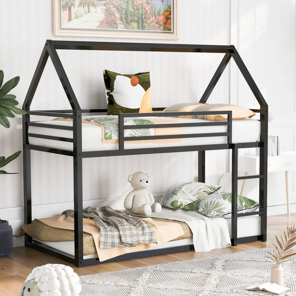 Twin Over Twin House Bunk Bed Built Ladder Black Metallic wm store