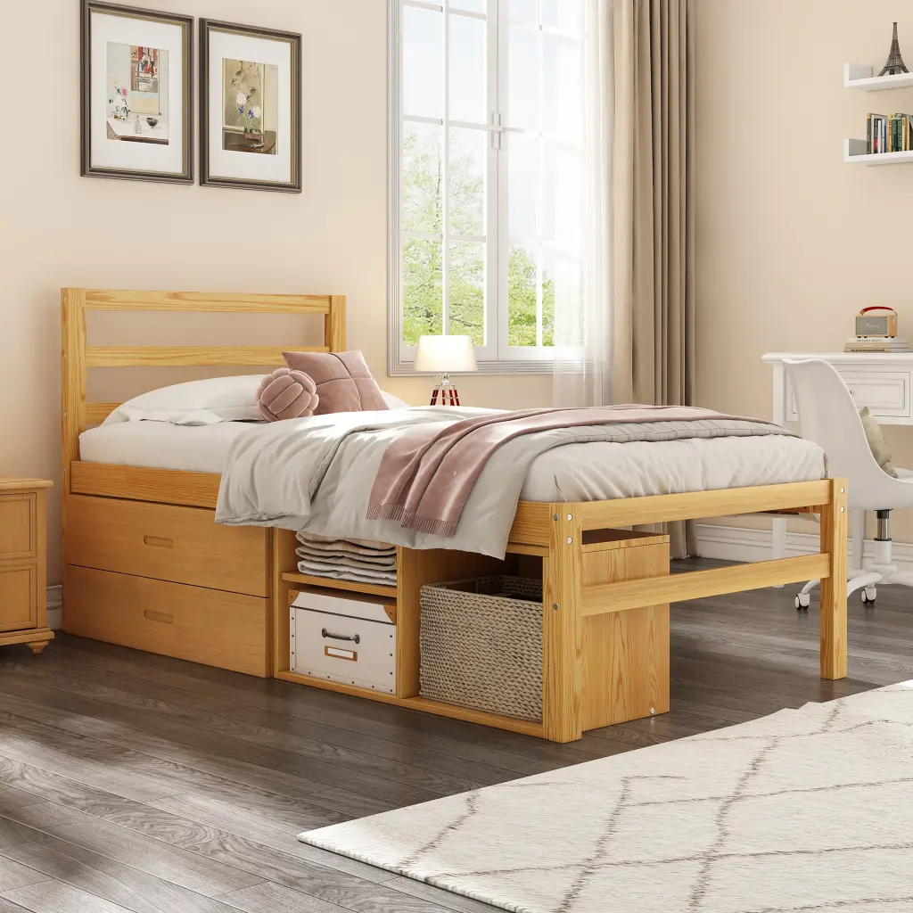 Twin Size Wood Platform Bed Removable Storage Shelves Constructed Solid Wood homey life