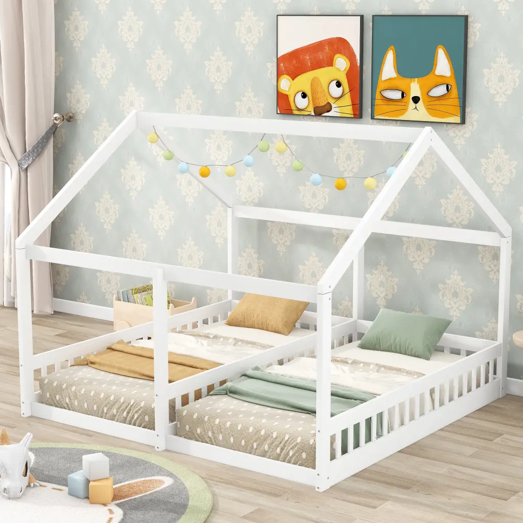 White Twin Platform Bed Two Shared Beds Space Saving wm store