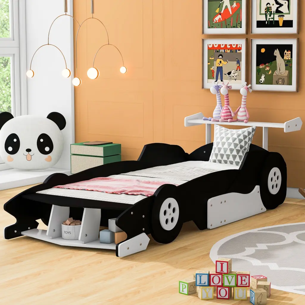 Twin Dimensions Race Car Influenced Platform Bed Wheels Black Plywood lucky furniture