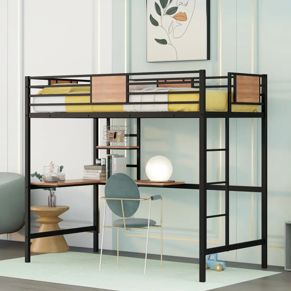 Twin Metallic Loft Bed Desk and Shelves Black Finish lucky furniture
