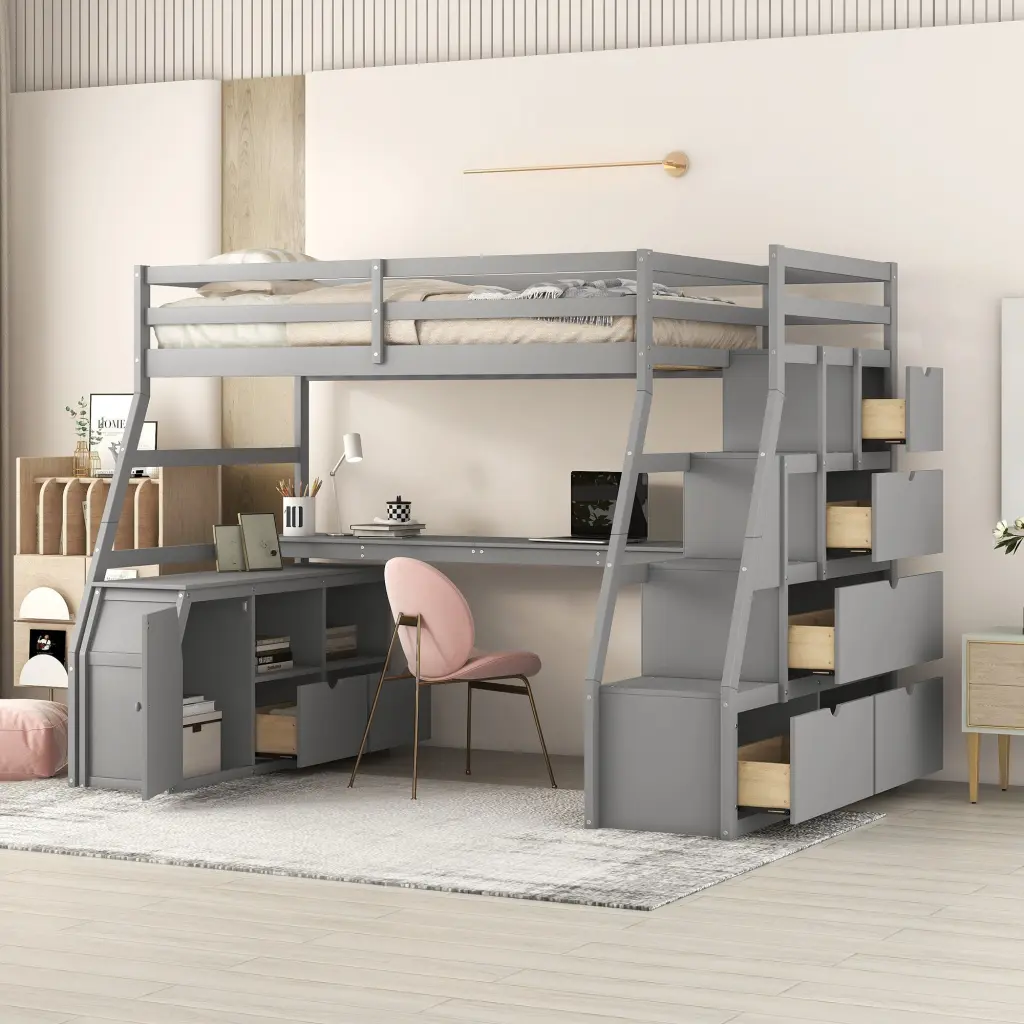 Twin Size Loft Bed 7 Drawers, 2 Shelves, and Desk - Gray Plywood lucky furniture